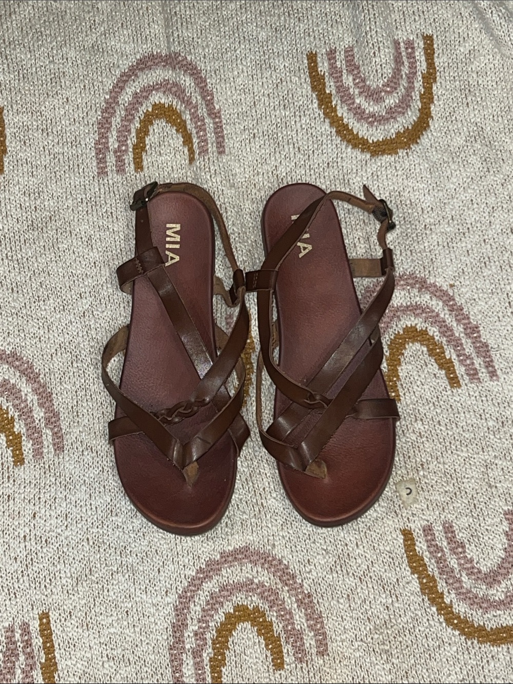 MIA Brown Leather Strappy Flat Sandals